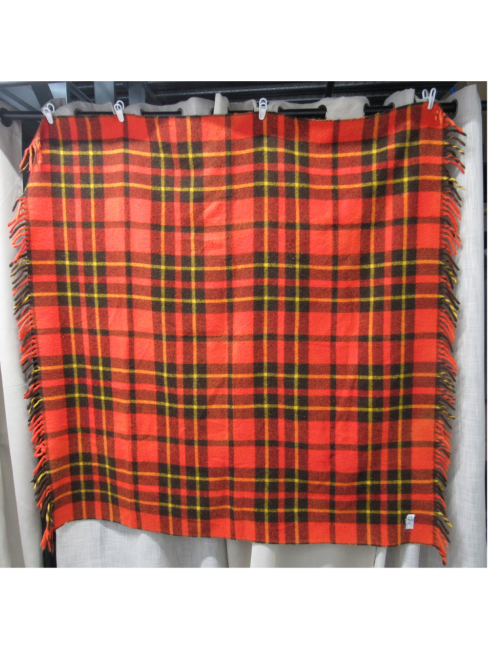Vtg Faribo Wool Blanket Fluff Loomed Fringe Stadium Camp Plaid Orange Red 1950s